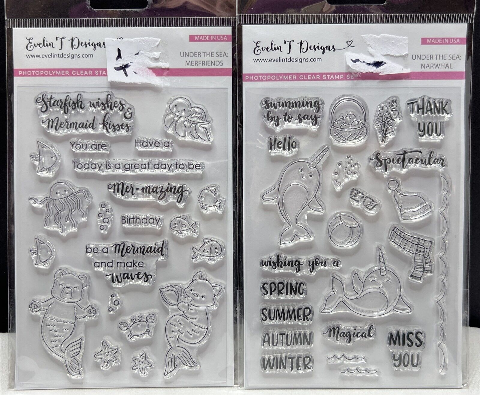 Evelin T Designs MERFRIENDS Narwhal Mermaids Animals Rubber Stamps Lot of 2