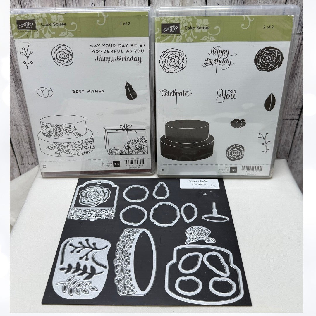 Stampin Up CAKE SOIREE Birthday Wedding Rubber Stamps Framelits Dies
