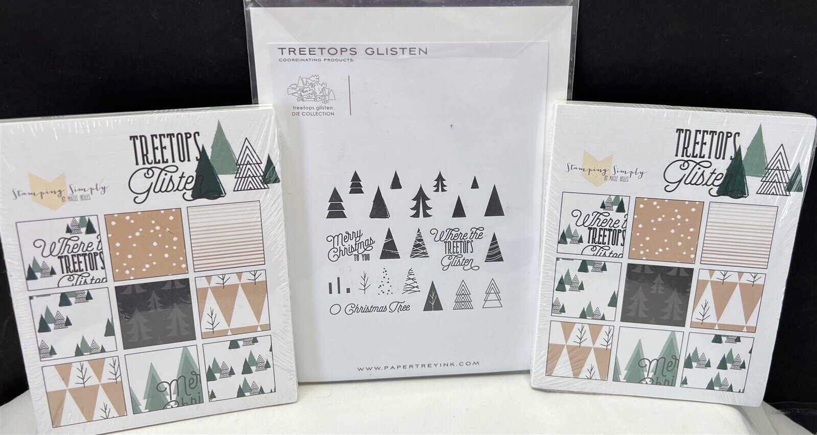 Papertrey Ink TREETOPS GLISTEN Christmas Trees Pattern Paper Rubber Stamps Lot