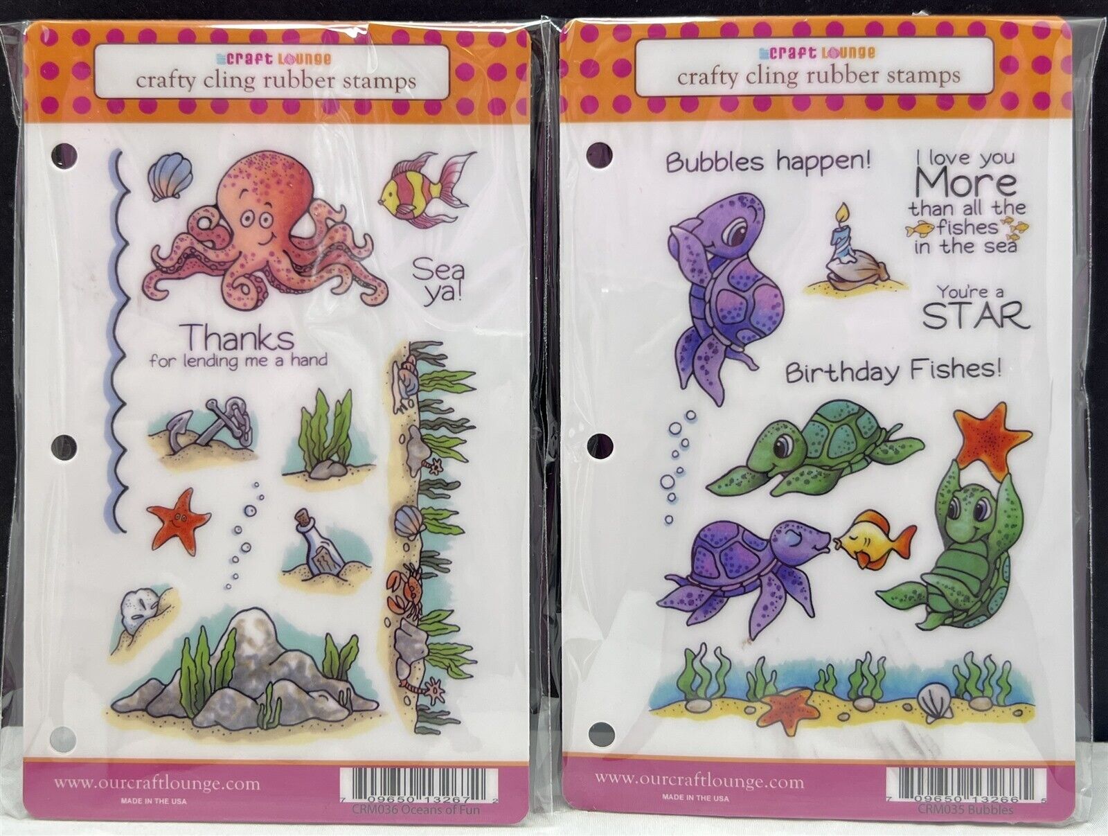 Craft Lounge OCEANS OF FUN Bubbles Turtles Fish Sea Rubber Stamps Lot of 2