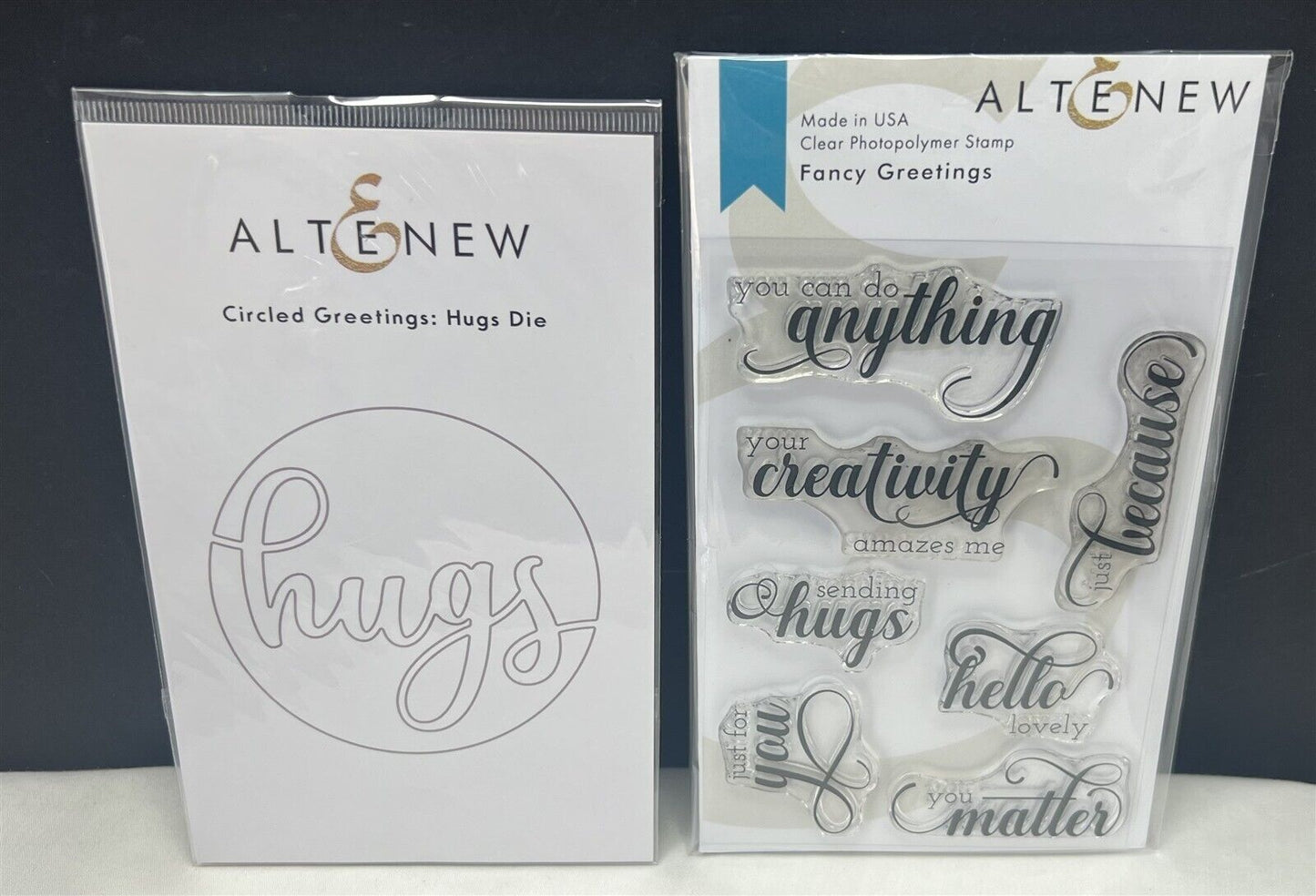 Altenew FANCY GREETINGS Circle Hugs Sentiments Sayings Rubber Stamps Dies