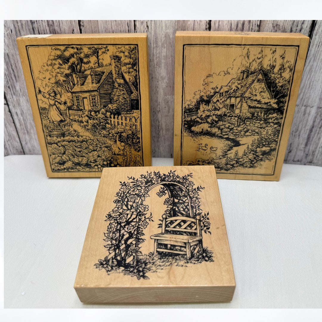 PSX Designs ENGLISH COTTAGE Country Garden Rose Arbor Rubber Stamps Lot of 3