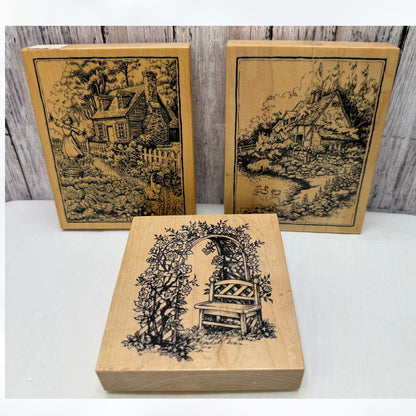 PSX Designs ENGLISH COTTAGE Country Garden Rose Arbor Rubber Stamps Lot of 3