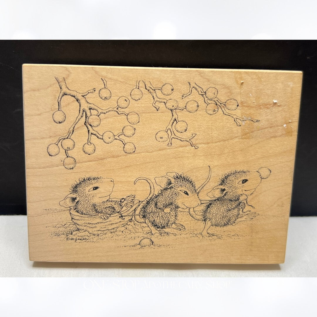 House Mouse PULLING WALNUT SLEIGH Christmas Reindeer Mice Rubber Stamp