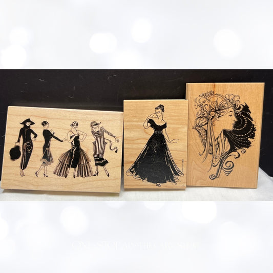 VINTAGE LADIES Fashion Lady Mixed Media Rubber Stamps Lot of 3