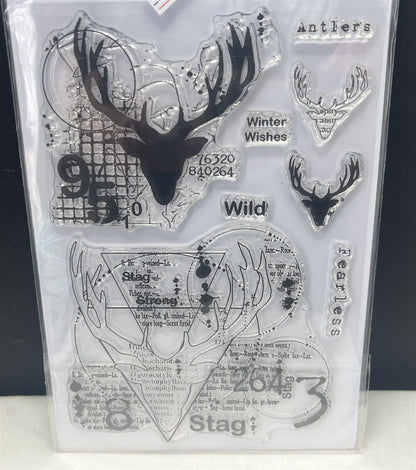 Aall & Create STAG Deer Mixed Media Numbers Antlers 6x8 Rubber Stamps Set