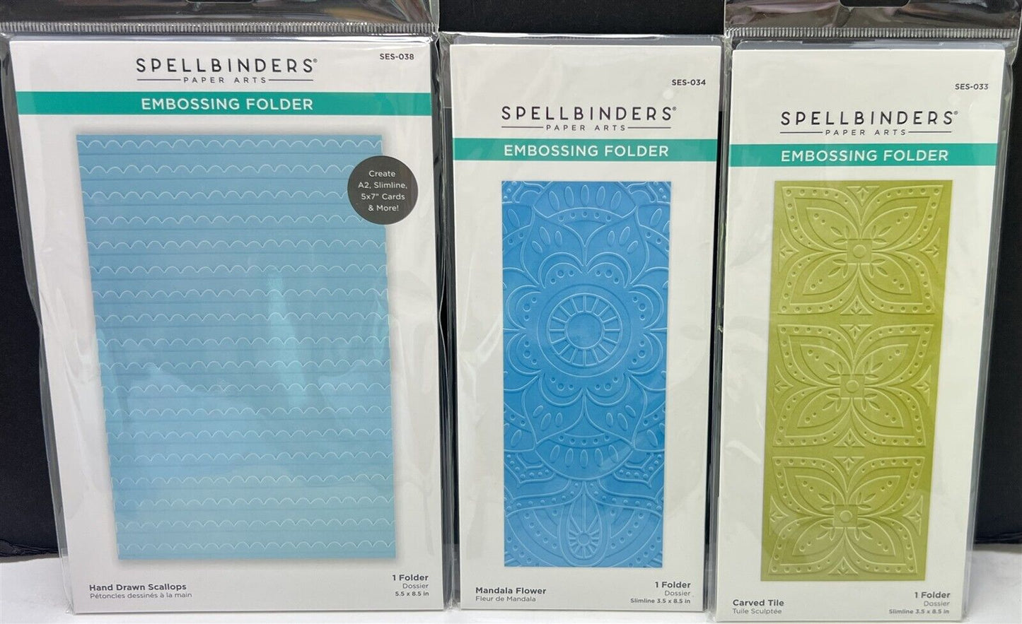 Spellbinders EMBOSSING FOLDERS Scallops Slimline Tile Mandala Lot of 3