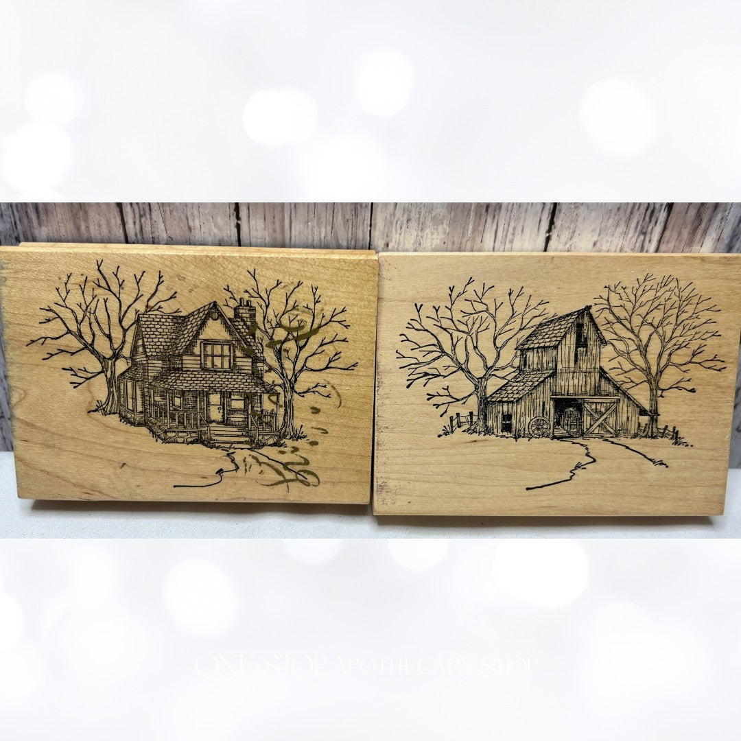 Art Impressions BARN Farm House Country Rubber Stamps Set of 2