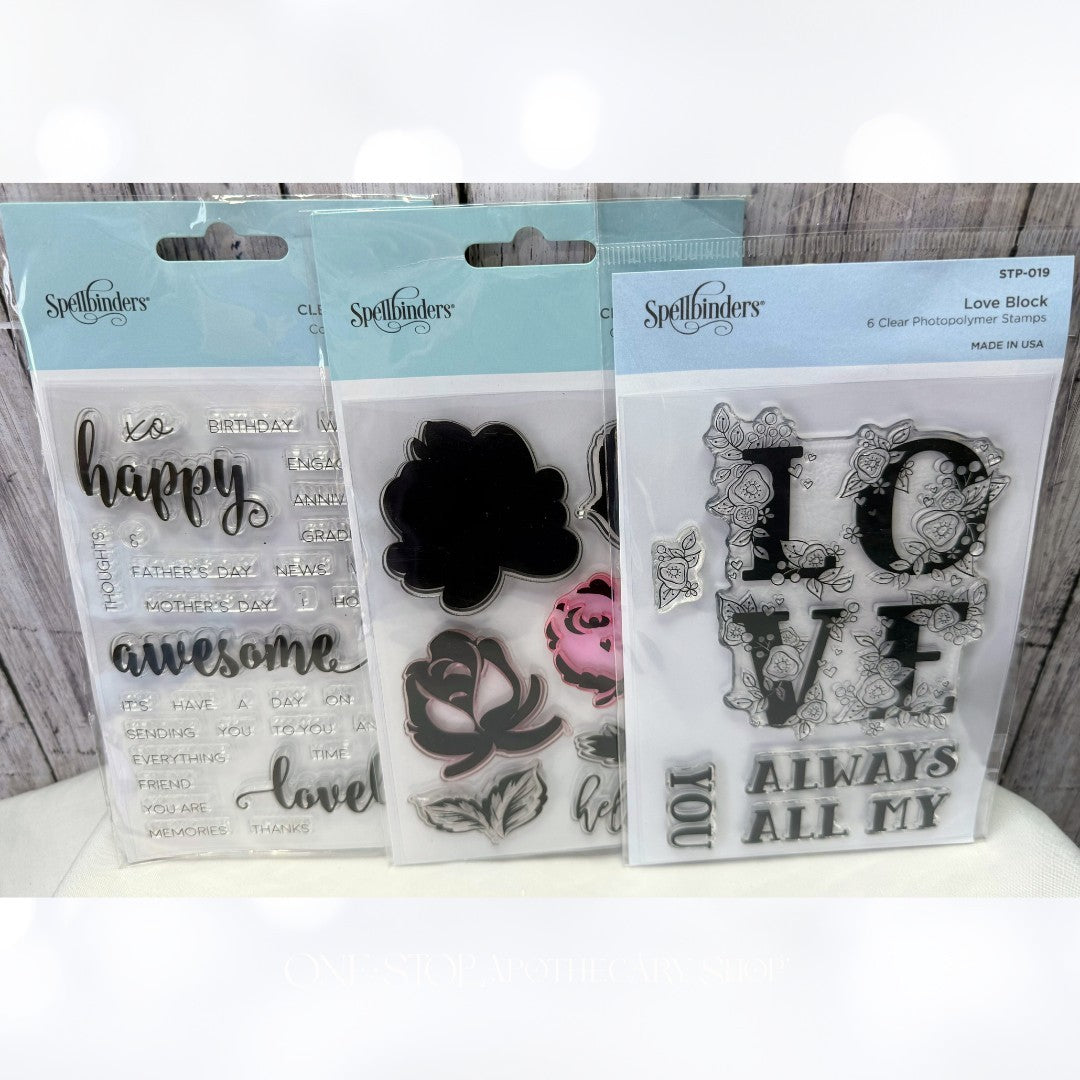 Spellbinders LOVE BLOCK Flowers Greetings Rubber Stamps Lot of 3