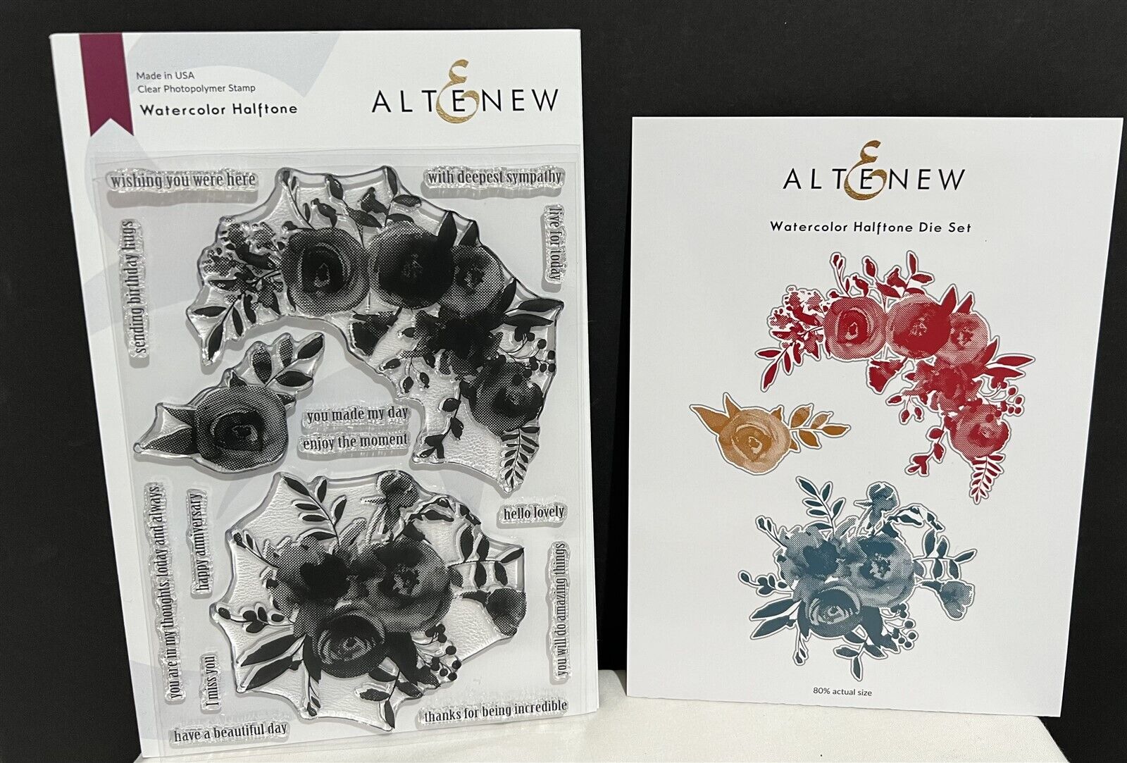 Altenew WATERCOLOR HALFTONE Flowers Floral 6x8 Rubber Stamps Dies Set