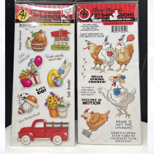 Art Impressions SPRING CHICKEN Pickup Car Rubber Stamps Lot of 2