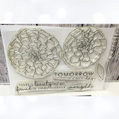 Papertrey Ink YEAR OF FLOWERS MARIGOLDS Floral Rubber Stamps Dies