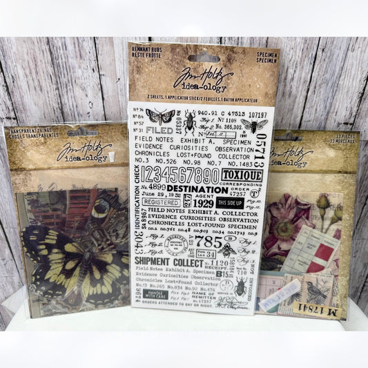 Tim Holtz Ideaology TRANSPARENT THINGS Rub Ons Speciment Embellishments Lot