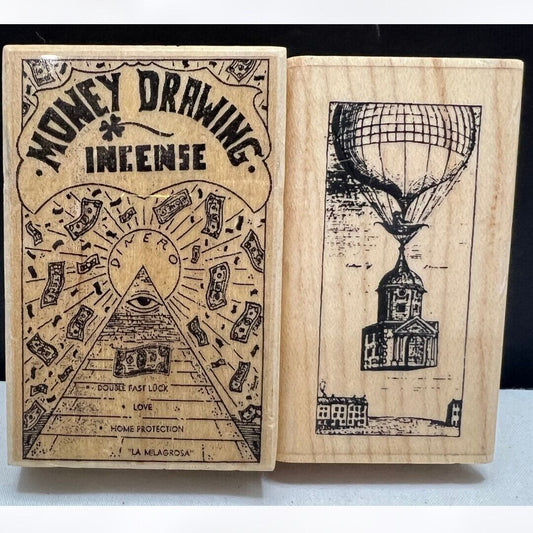 Uptown Stamp Camp MIXED MEDIA Incense Hot Air Balloon Rubber Stamps Lot of 2