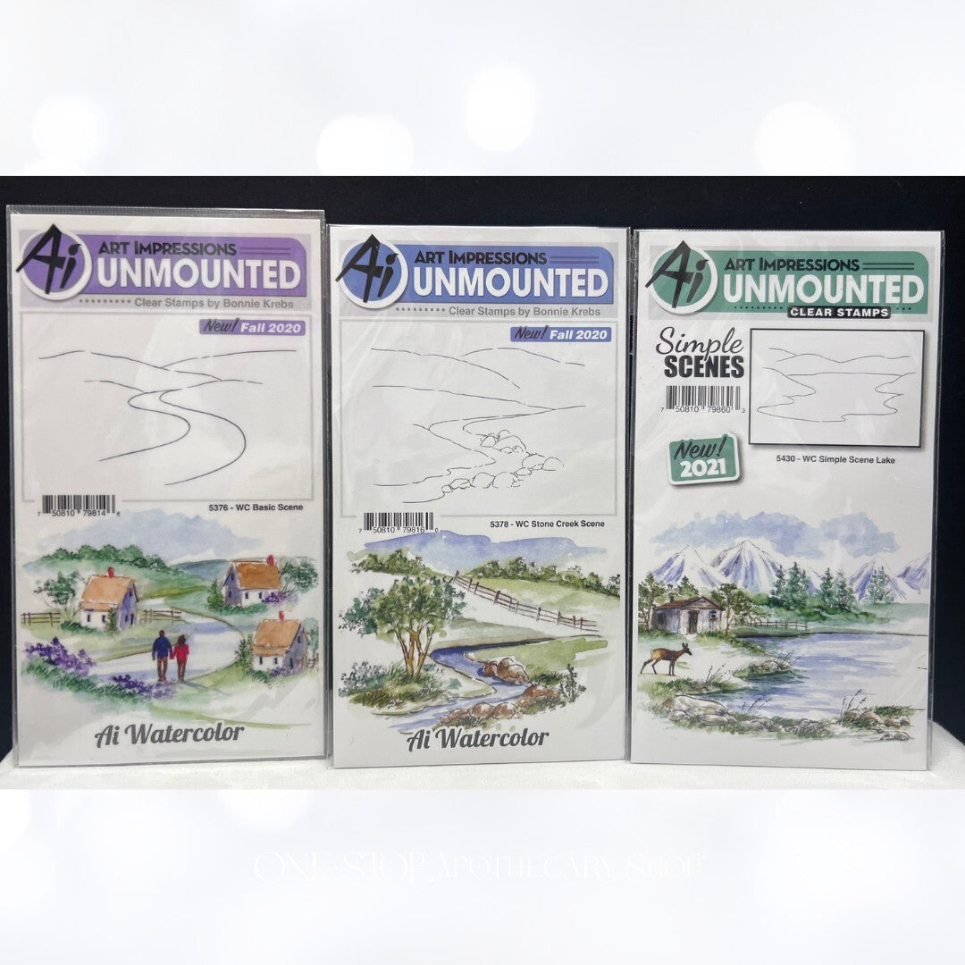 Art Impressions SIMPLE SCENES Landscapes Lake Creek Rubber Stamps Lot of 3