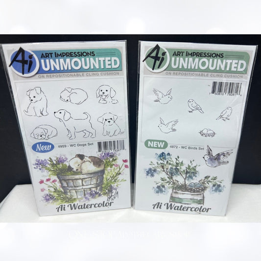 Art Impressions DOGS & BIRDS Animals Watercolor Rubber Stamps Lot of 2