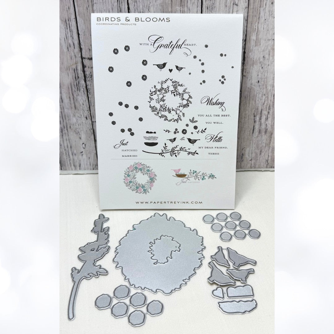 Papertrey Ink BIRDS & BLOOMS Wreath Floral Rubber Stamps Dies