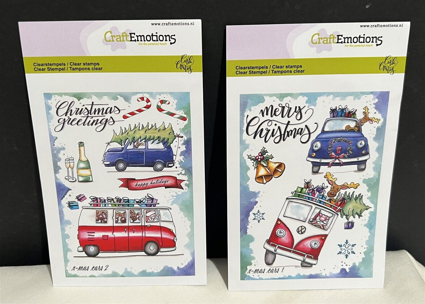 Craft Emotions CHRISTMAS CARS 1 & 2 Holiday Van Funny Rubber Stamps Lot