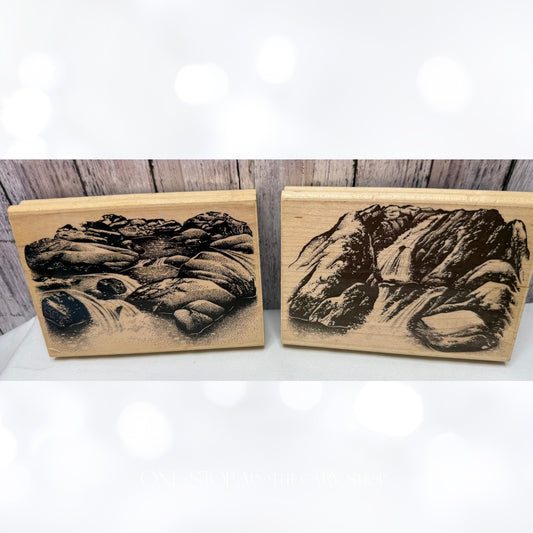 Stampscapes BROOK FALLS Babbling Brook Landscape Rocks Rubber Stamps