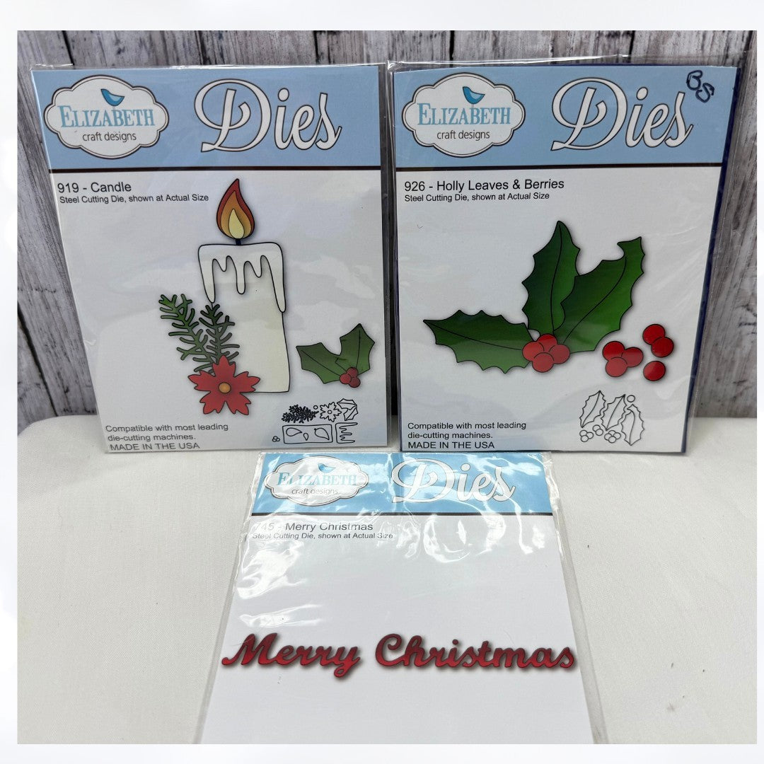 Elizabeth Craft CHRISTMAS CANDLE Holly Greeting Dies Lot of 3