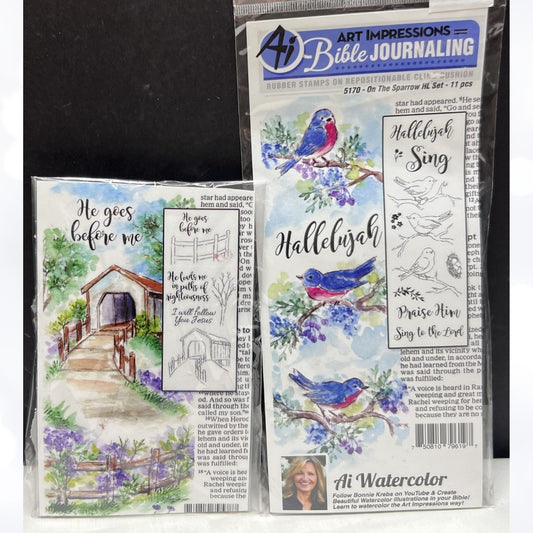 Art Impressions HE LEADS ME On the Sparrow Bible Journaling Rubber Stamps