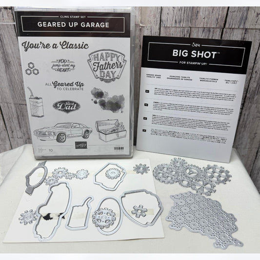Stampin Up GEARED UP GARAGE Cars Fathers Day Gears Rubber Stamps Dies