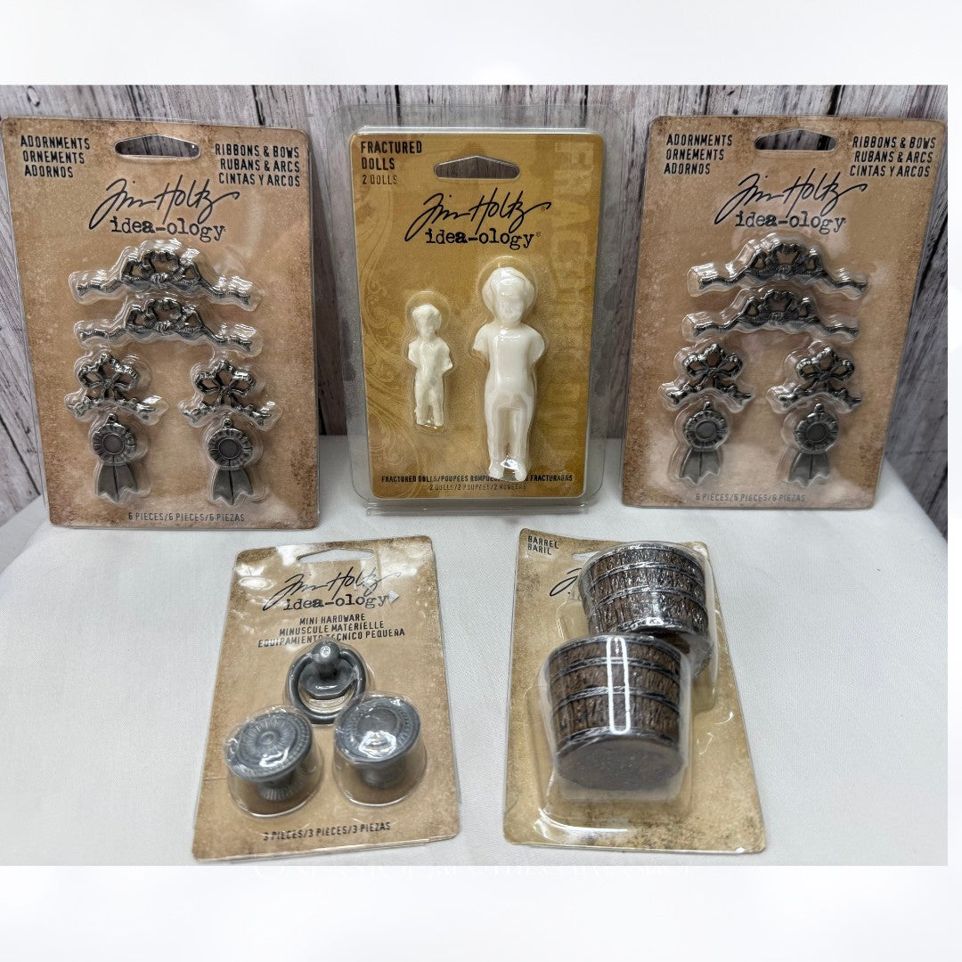 Tim Holtz Idea-ology Hardware Barrels Dolls Adornments Embellishments Lot of 5