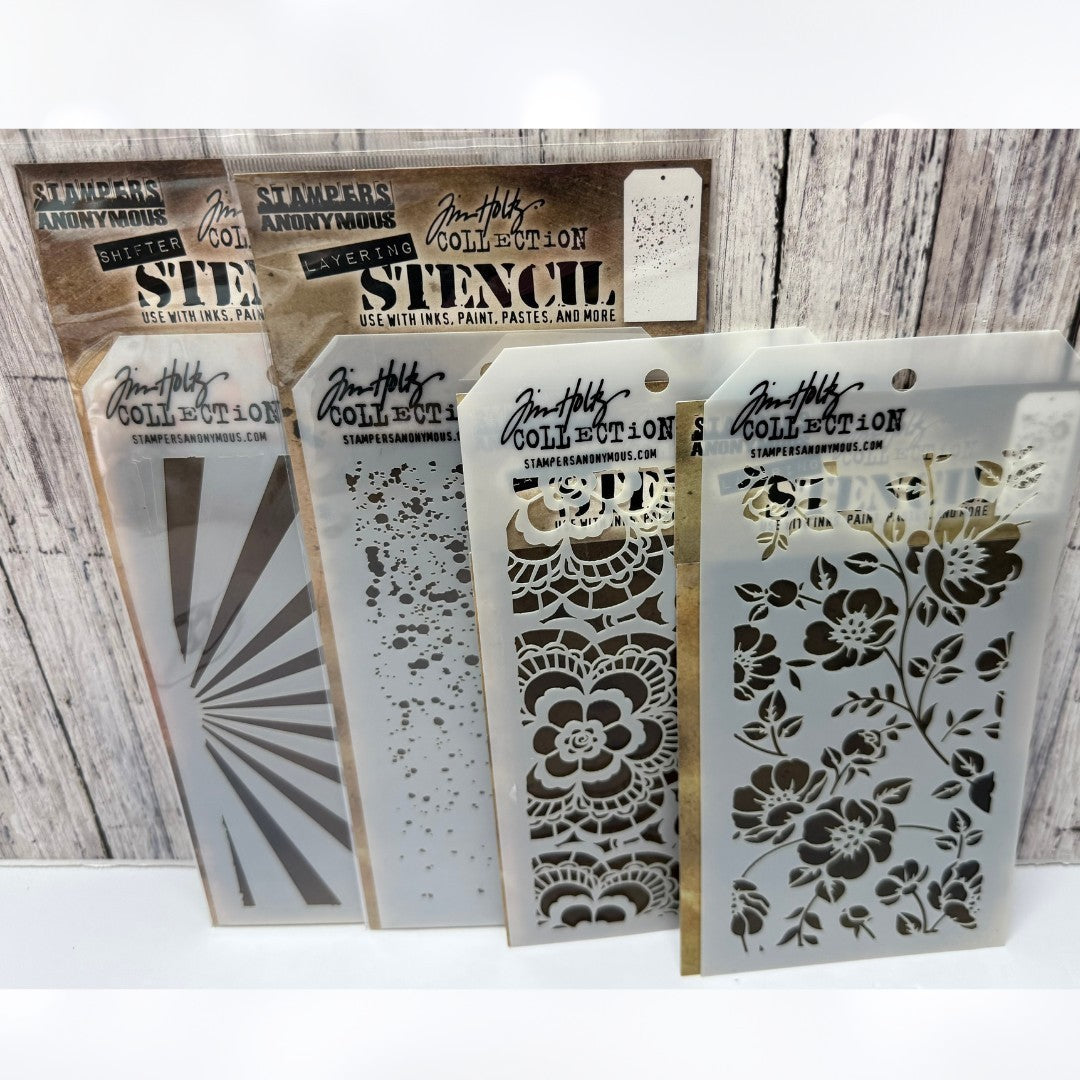 Tim Holtz LAYERING STENCILS Lace Floral Speckles Rays Lot of 4