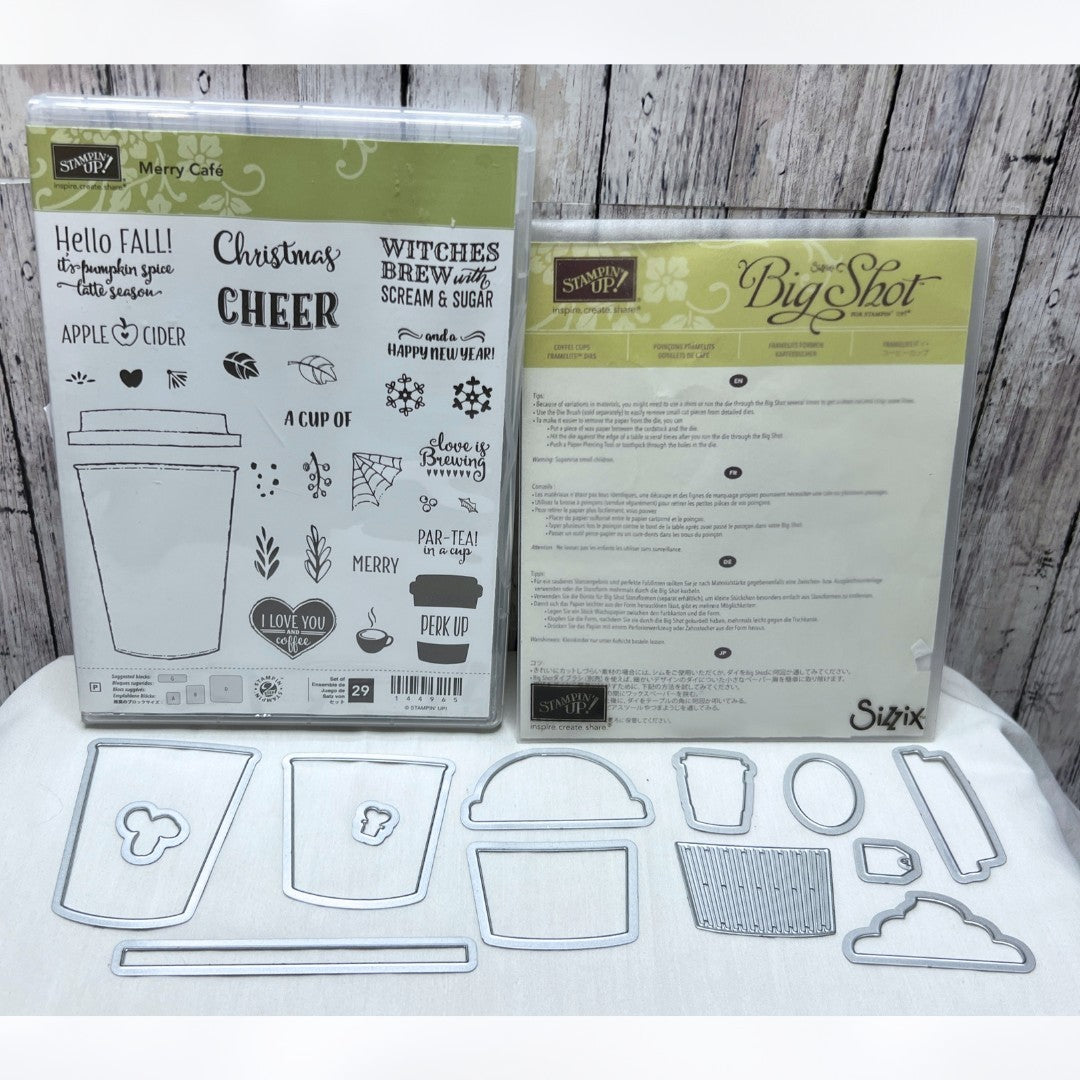 Stampin Up MERRY CAFE Coffee Christmas Halloween Rubber Stamps Framelits Dies