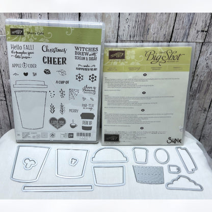 Stampin Up MERRY CAFE Coffee Christmas Halloween Rubber Stamps Framelits Dies