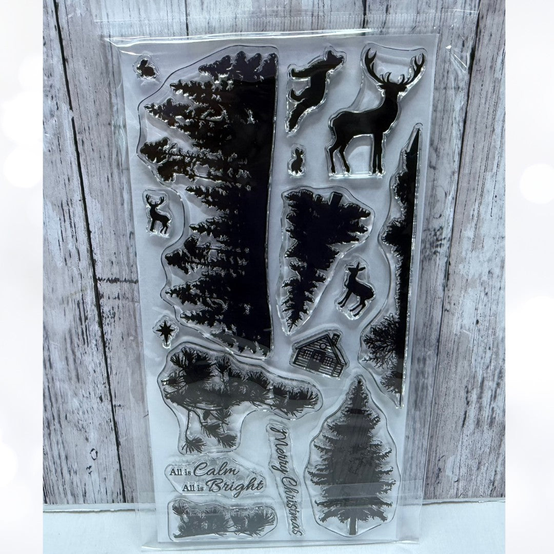 Rubbernecker ALL IS CALM Christmas Landscape Deer Rubber Stamps