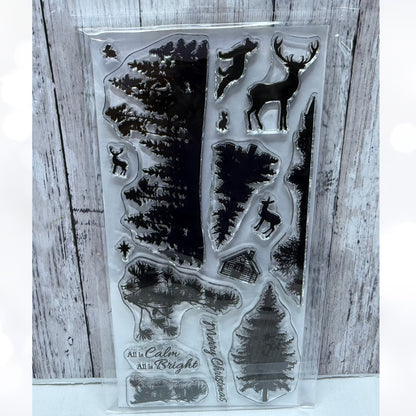 Rubbernecker ALL IS CALM Christmas Landscape Deer Rubber Stamps
