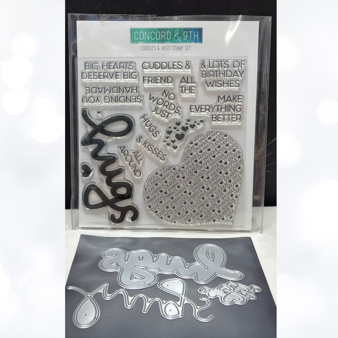 Concord & 9th CUDDLES & HUGS Heart Valentines Rubber Stamps Dies