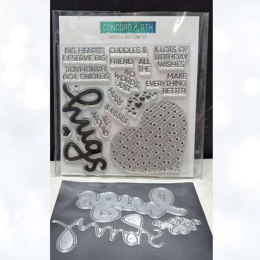 Concord & 9th CUDDLES & HUGS Heart Valentines Rubber Stamps Dies