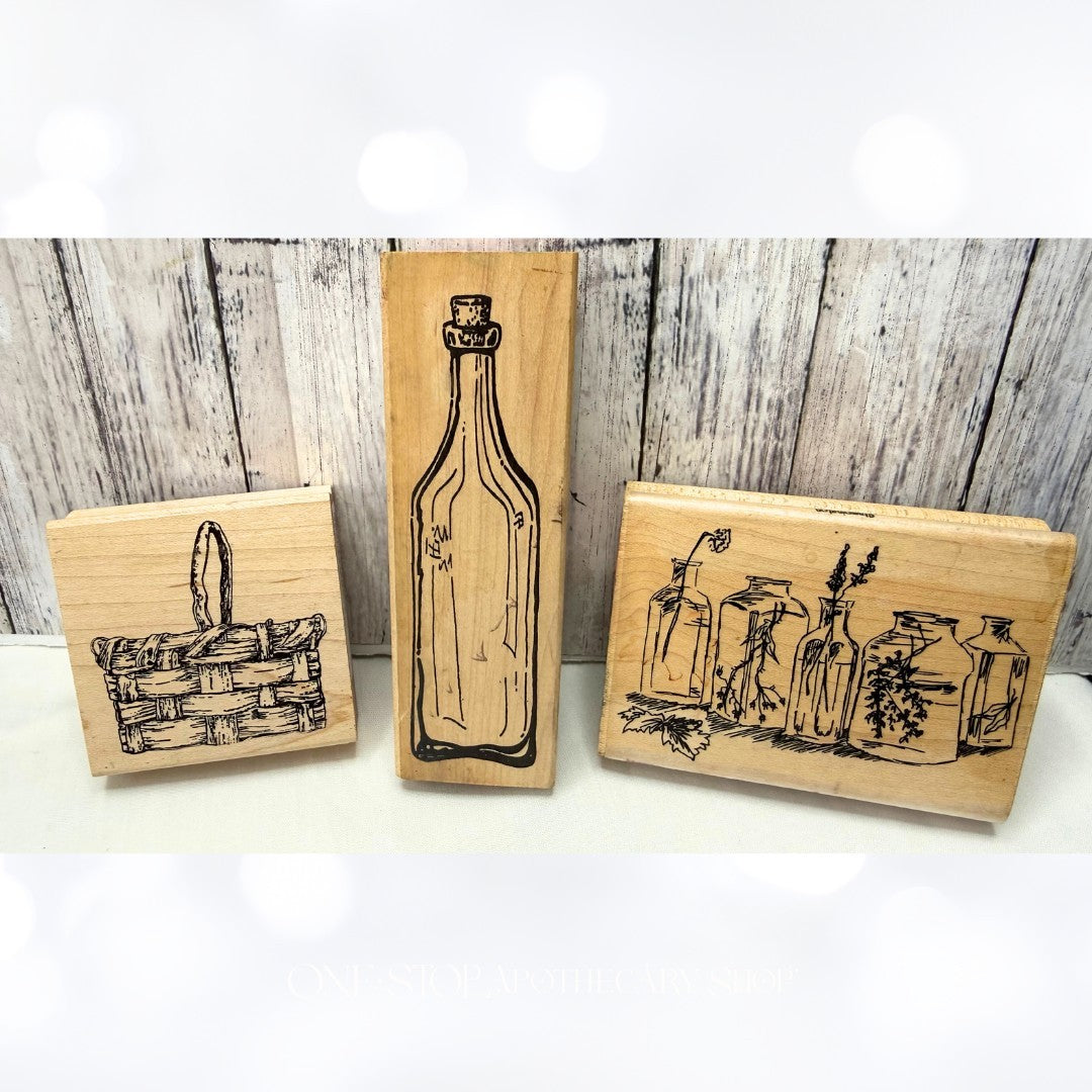 Stampington & Rainy Day Stamps BASKET BOTTLES Herbal Rubber Stamps Lot of 3