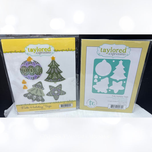 Taylored Expressions FOLK HOLIDAY TAGS Christmas Rubber Stamps Dies Stencils