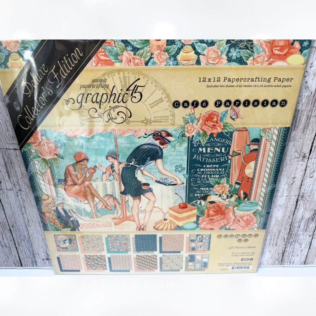 Graphic 45 CAFE PARISIAN Deluxe Collection 12x12 8x8 Chipboard Kit
