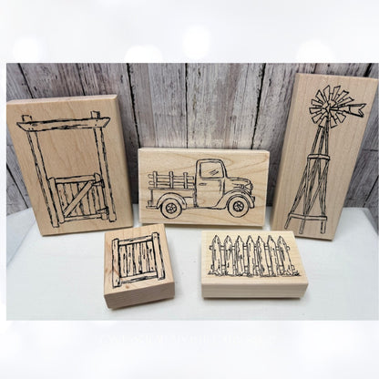 Judith Heather Stamps FARM Truck Windmill Fence Gate Rubber Stamps Lot of 5