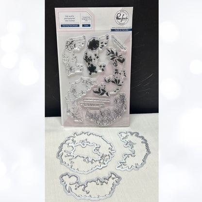 Pinkfresh Studios CHARMING FLORAL WREATH Flowers Rubber Stamps Dies