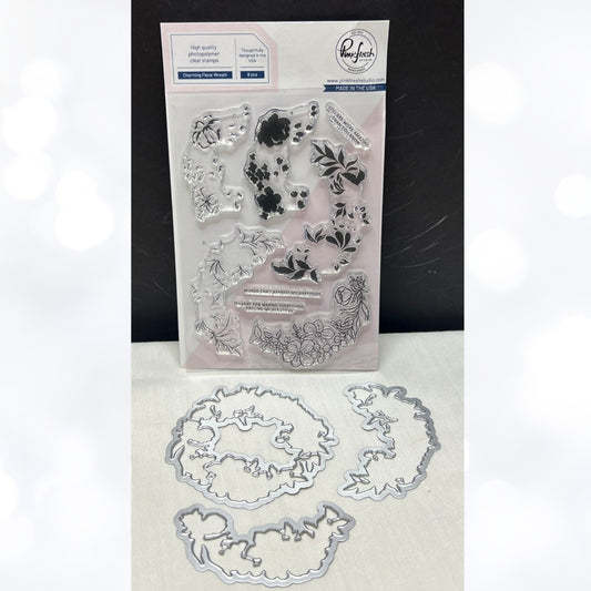 Pinkfresh Studios CHARMING FLORAL WREATH Flowers Rubber Stamps Dies