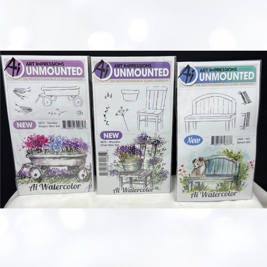 Art Impressions GARDEN WAGON Chair Bench Watercolor Rubber Stamps