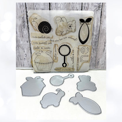 Papertrey Ink BABY BUTTON BITS Girl Boy Shower Rubber Stamps Dies