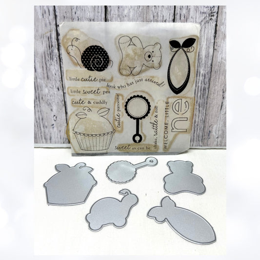 Papertrey Ink BABY BUTTON BITS Girl Boy Shower Rubber Stamps Dies