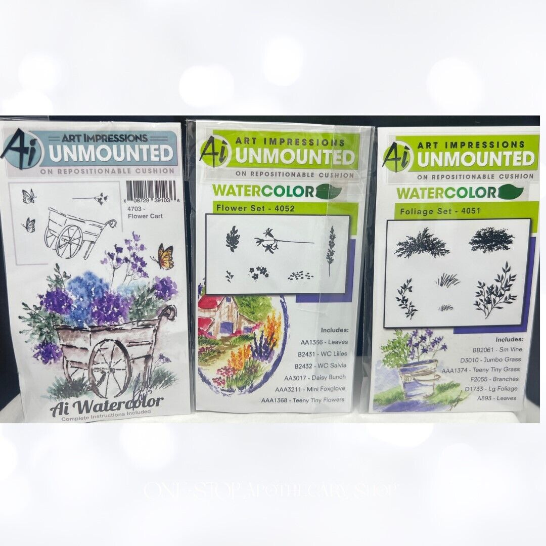 Art Impressions Watercolor FLOWER CART Foliage Sets Rubber Stamps Lot of 3