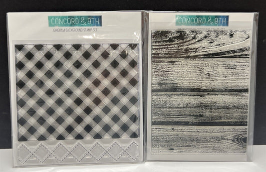 Concord & 9th BARNWOOD Gingham Background Rubber Stamps Lot of 2