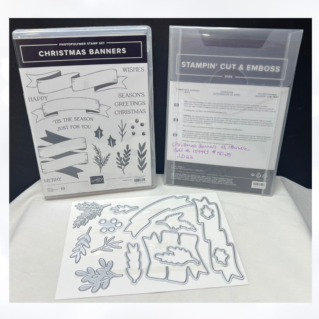 Stampin Up CHRISTMAS BANNERS Holiday Greetings Rubber Stamps Dies