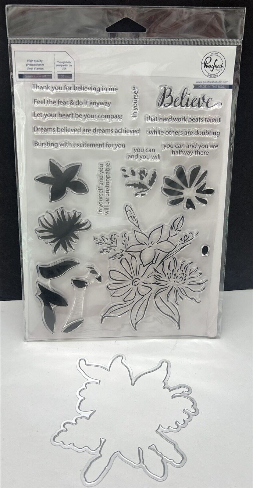 Pinkfresh Studio BELIEVE IN YOURSELF Flowers Bouquet 6x8 Rubber Stamps Dies