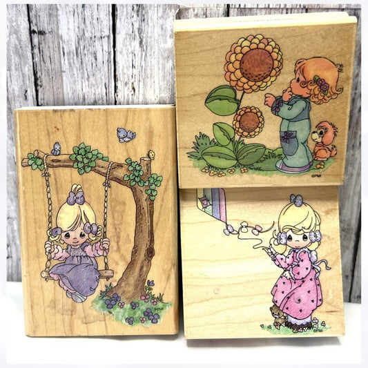 Stampendous PRECIOUS MOMENTS Swing Kite Sunflower Rubber Stamps Lot of 3