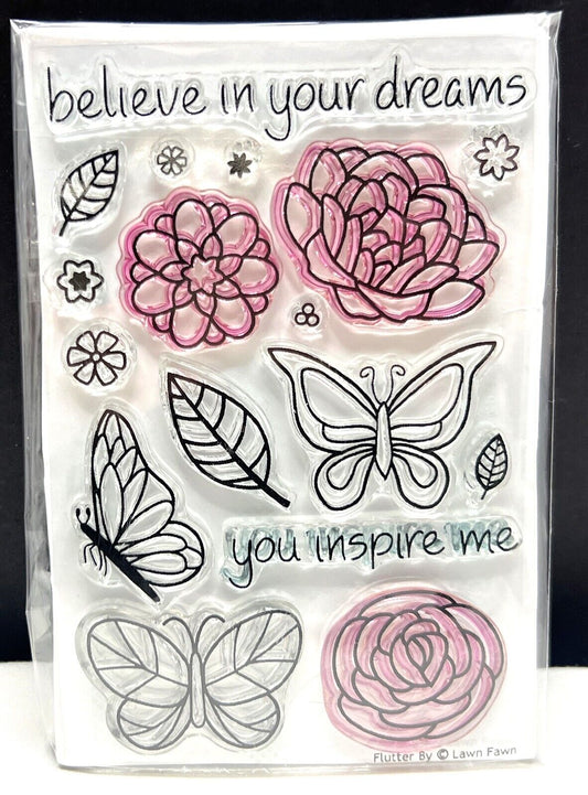 Lawn Fawn FLUTTER BY Butterflies Butterfly Flowers Rubber Stamps Set