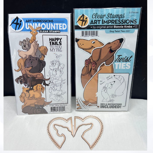 Art Impressions DOG TWIST TIES Stackers Rubber Stamps Lot of 2